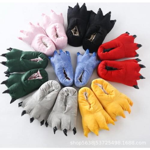 Children Slippers Cartoon Animal Dinosaur Pikachu Paw Furry Slippers Winter Warm Indoor Parent-child Nonslip House Shoes