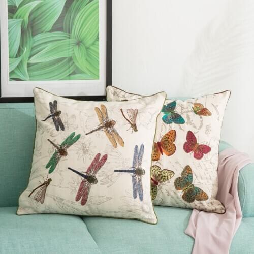 DUNXDECO Cushion Cover Decorative Pillow Case Rustic Country Style Vintage Butterfly Dragonfly Colorful Embroidery Sofa Coussin
