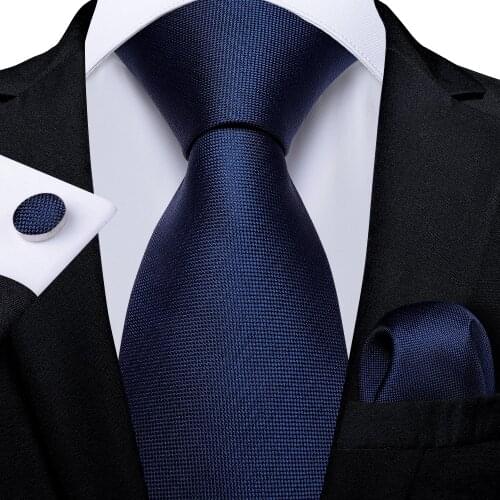 DiBanGu Top Navy Blue Solid Tie for Men 100% Silk Mens Tie Hanky Cufflinks Neck Tie Suit Business Wedding Party Tie Set MJ-7140