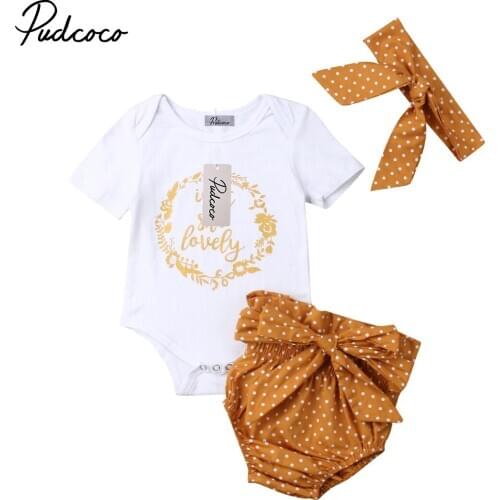 Pudcoco Newborn Kid Baby Girl Floral Clothes Short Sleeve Cotton Bodysuit Jumpsuit Dots Shorts Pants Headband 3PCS Outfit Set