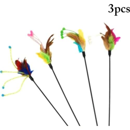 Legendog 3pcs Funny Elastic Plastic Long Pole Colorful Flower Sticks Feather Tease Interactive Toy Wand Toys Cat Toys