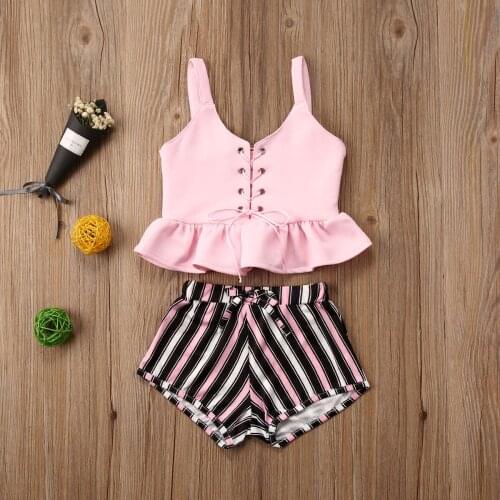 Fashion Baby Girls Clothes Sleeveless Solid Bandage Tank Tops+Striped Shorts Summer Casual 2PCS Outfits Set