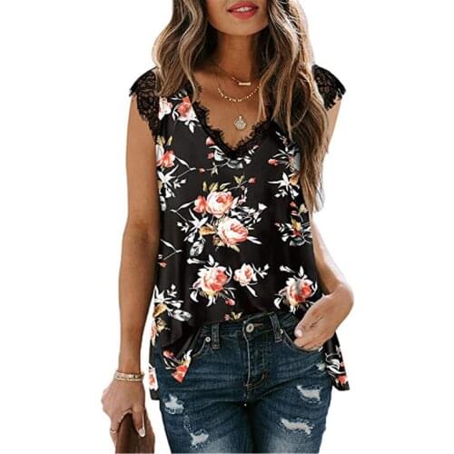New 2021 Summer Flower Printed Blouse Shirt Casual V-Neck Sleeveless Loose Blouses Ladies Lace Patchwork Women Tops Pullover