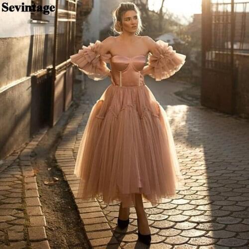 Sevintage A Line Tiered Tulle Prom Dresses Tea-Length Short Evening Party Gowns Removable Sleevees Plus Size Formal Women Dress