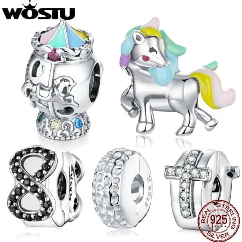 WOSTU 925 Sterling Silver Bead Charm Unicorn Elegance Clip Stopper Charms Crystal Fit Bracelets Women DIY Jewelry