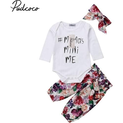 Pudcoco Toddler Infant Baby Girl Letter Print Bodysuit Floral Pants Harem Headband Outfits Set Clothes