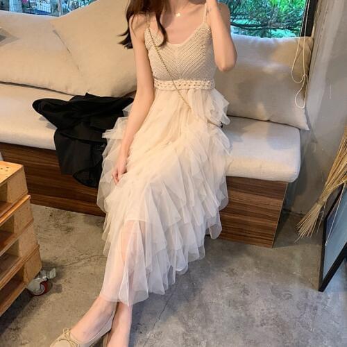 2019 Summer New Sexy Suspender Brassiere Mesh Dress Summer Knitted Stitching Playful Ruffled Gauze Patchwork Vestidos