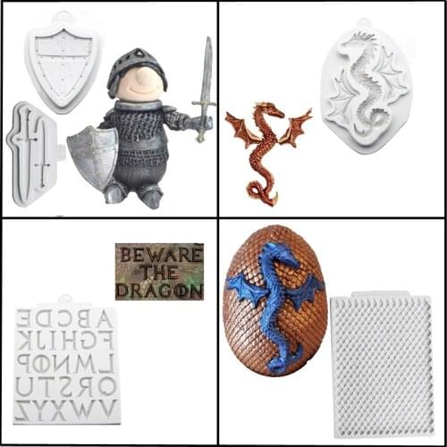 Meibum Dragon Sugar Craft Suit Decorating Silicone Fondant Cake Mold Shield Alphabet Swords Pattern Paste Chocolate Candy Mould