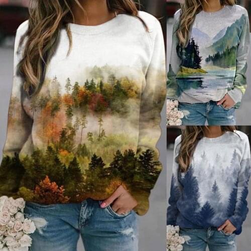 Womens Fashion Sweater Coat Long Sleeve Casual Print Sweatshirt Round Neck Pullover Art Paintings Mountain Forest Tops & T-Shir