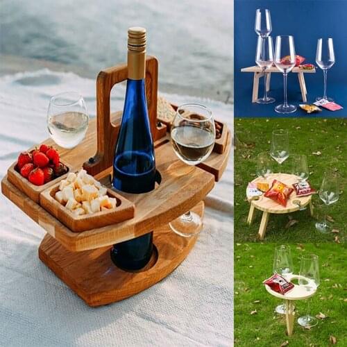 Outdoor Tables Wooden Folding Picnic Table With Glass Holder Round Foldable Desk Wine Glass Rack Collapsible Table Snack Tray