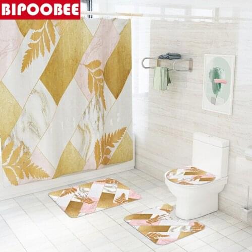 Marble Leaf Printing Waterproof Shower Curtain Washroom Decor Pedestal Anti-slip Carpet Bath Mat Toilet Cover Bathtub Curtains