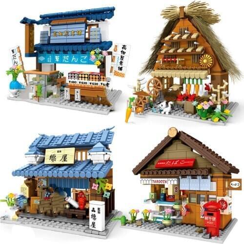 Japanese town street view series flower shop drugstore convenience store Building Blocks Bricks Kids Toys