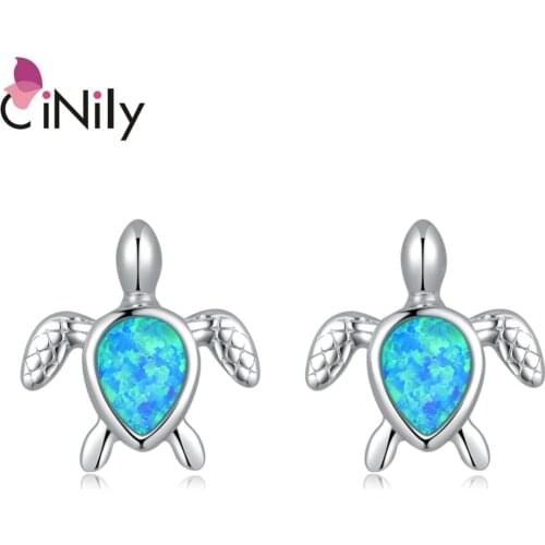 CiNily Created Blue Fire Opal Silver Plated Wholesale Tortoise Fashion Party for Women Jewelry Stud Earrings 15mm OH3960