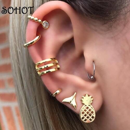 SOHOT Punk Style Fish Tail Pineapple Fruit Women Set Stud Earrings Chic Gold Color Charming Girl Party Jewelry Brincos