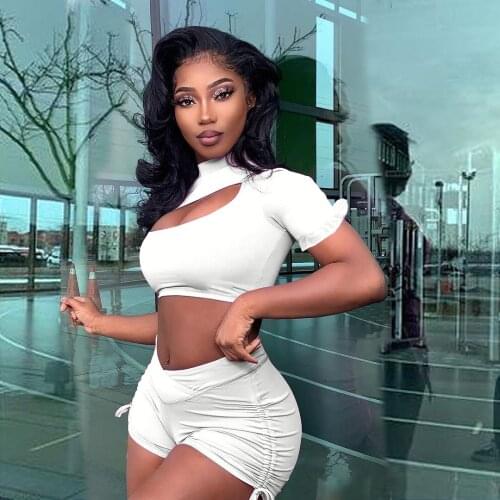 Casual Sportswear Solid Drawstring Tracksuit Women Sexy Hollow Out Ruffles Sleeve Crop Top + Ruched Shorts Two Piece Set Outfits