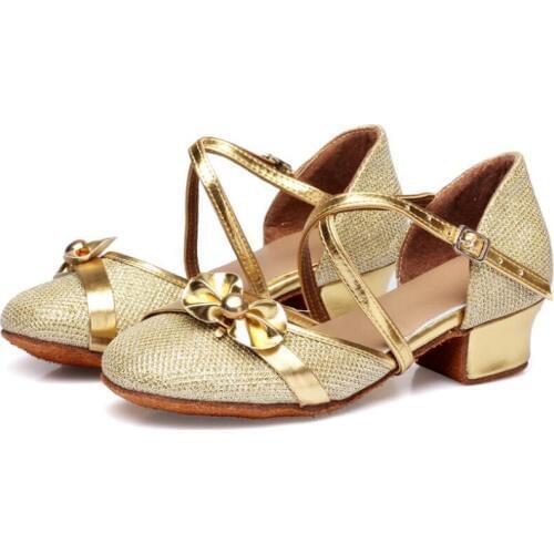 Women Children Latin Dance Shoes Girls Latin Shoes Gold Low Heel Soft Sole Dance Shoes C44