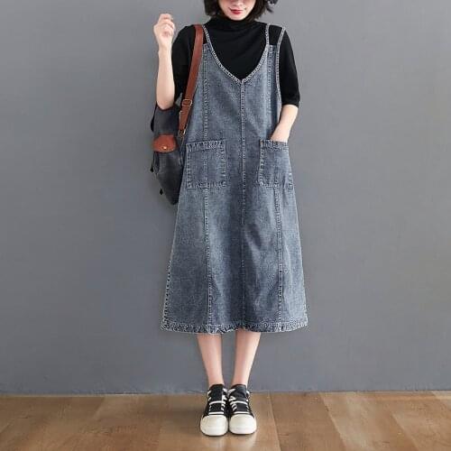 #2484 Spring Summer Blue Denim Overalls Dress Women Sleeveless Spaghetti Strap Dress Front Pockets Casual Vintage Dress V Neck