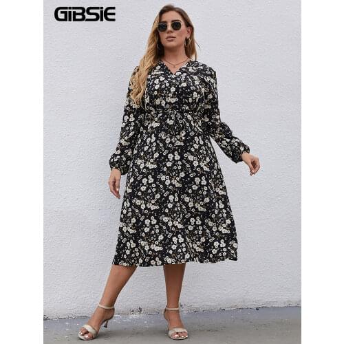 GIBSIE Floral Print Waist Tie Slim Long Dress Plus Size 5xl 4xl Women Autumn Casual Sweet Long Sleeve V Neck A-line Dresses