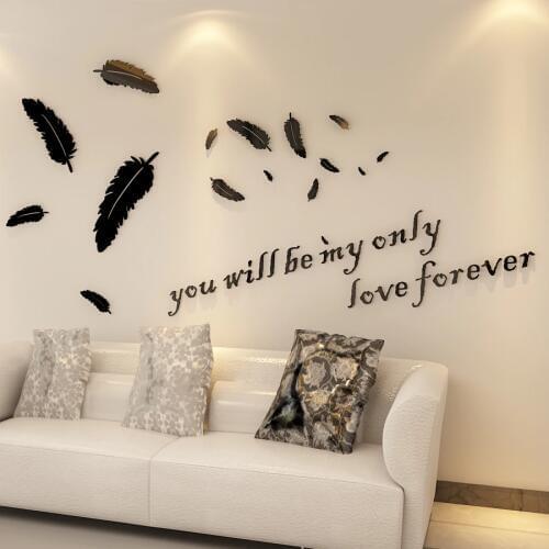 Love Feather Acrylic 3D crystal three-dimensional wall stickers Living room bedroom background wall sofa wall Creati Simple