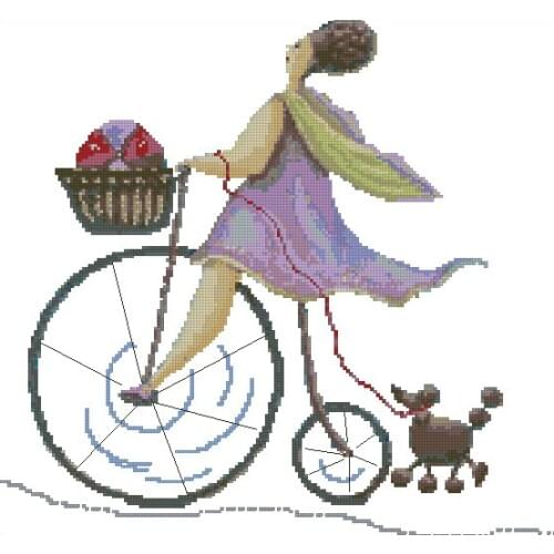 Free Delivery Top Quality Cute Funny Counted Cross Stitch Kit Bike Bicycle Riding Woman Lady Walk The Dog