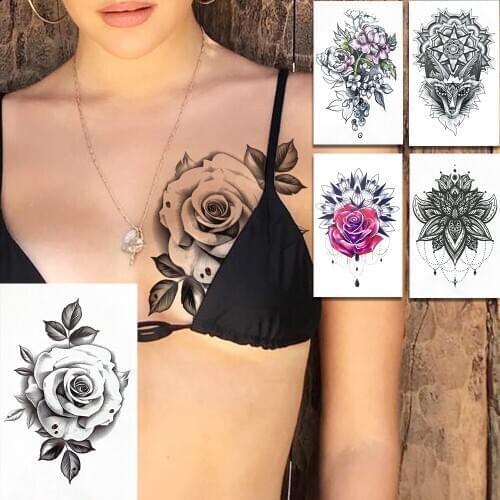 Big Rose Flower Temporary Tattoos For Women Female Mandala Henna Lion Tattoo Sticker Black Fake Jewelry Pendant Tatoo Body Chest