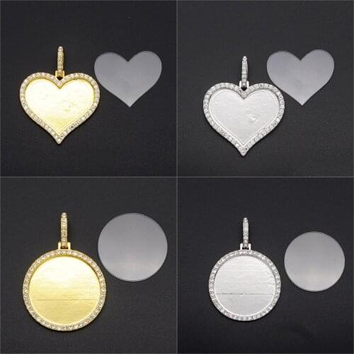 Diy Accessories Made Photo Medallions Necklace & Pendant Button Gold Silver Color Cubic Zirconia For Mens Women Hip Hop Jewelry