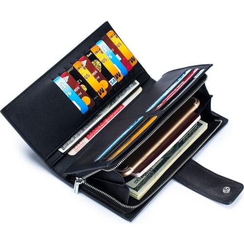Genuine Leather Long Wallet Men Clutch Wallet High Capacity Bifold Card Money Phone Bag Palmellato Purse with Zipper Coin Pocket
