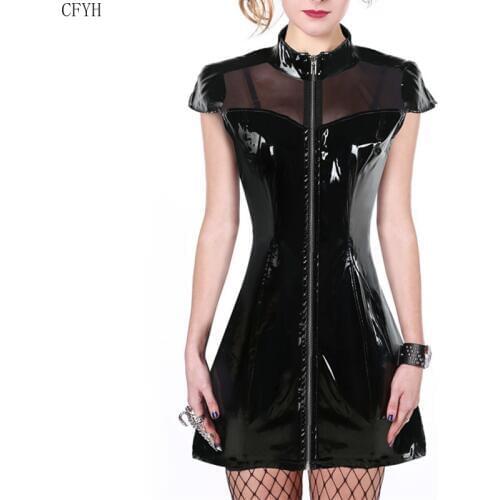 Women Short Sleeveless Zip Black Latex PVC Mini Dress Wet Look Clubwear