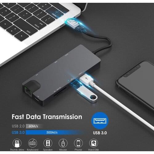 8 in 1 USB C Hub Adapter USB C to HDMI USB 3.0*2 Hub Card Reader Docking Station with Gigabit Network Card