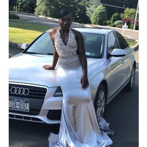 JIERUIZE African Mermaid Evening Dresses Halter Neck Backless Appliques Silver Party Prom Gowns Formal Dresses robe de soiree
