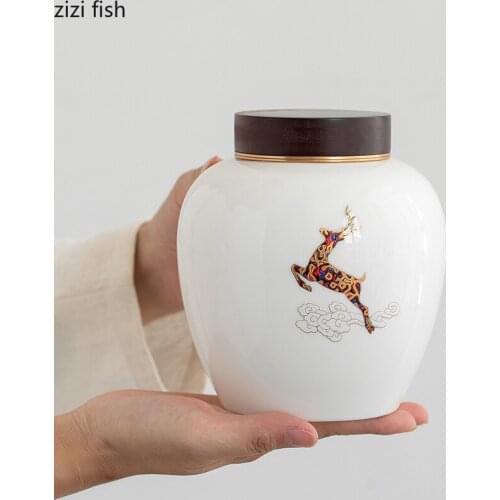 Ceramic Tea Caddy Wooden Cover Metal Cover Storage Tank Sealed Jar Tea Box Storage Jar Decorative Jars Sugar Bowl Tea Container
