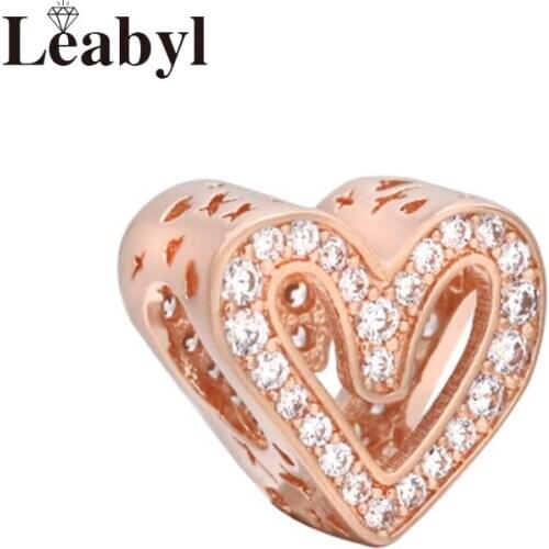 Leabyl Romantic Rose Gold Color Heart Beads for Bracelet Necklace Prong Setting Shinny White Crystal Love Charm for DIY Jewelry