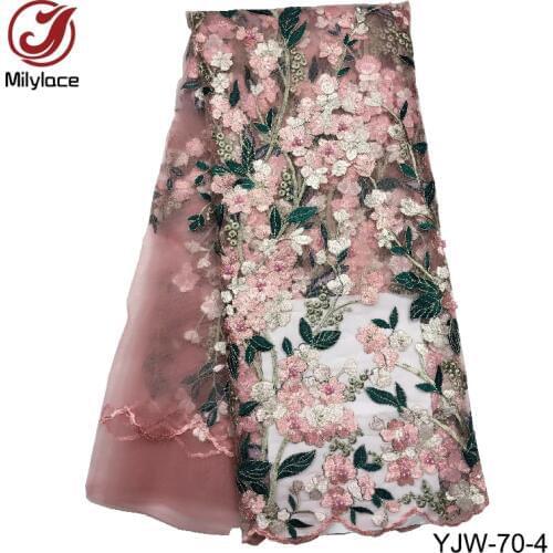 Milylace delicate African lace fabric 5 yards floral embroidery lace fabric with beads French tulle lace for party dress YJW-70