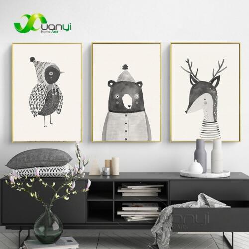 Cute Cartoon Animal Bird Bear Fox Poster Nordic Wall Art Print Picture Canvas Painting Baby Kids Room Home Decor Unframed