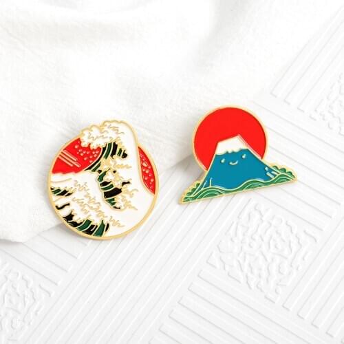 Cartoon Cute Round Wave Enamel Brooch Snow Mountain Japan Mount Fuji Japan Sunrise Pin Badge Clothes Bag Accessories Ladies
