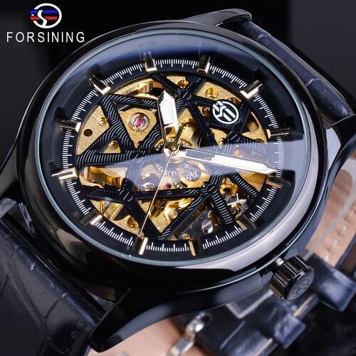 Forsining Mens New Luxury Black Skeleton Leather Watch Steampunk Hand Wind Mechanical Stainless Steel Wrist Watches Montre Homme