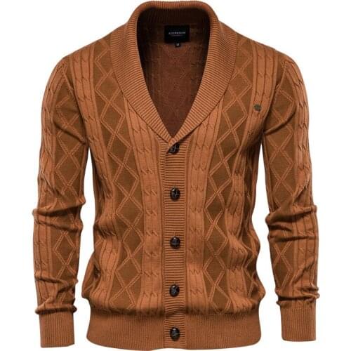 Mens Argyle Cardigan Classic Autumn Winter Warm Sweater Fashion Pure Color Cotton Pullover AW21 Male Knitwear Clothes