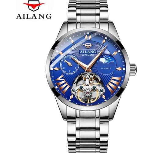 AILANG 2018 New Automatic Mechanical Watches Men Moon phase Date Month Week Stainless Steel Luminous Blue dial Wristwatches