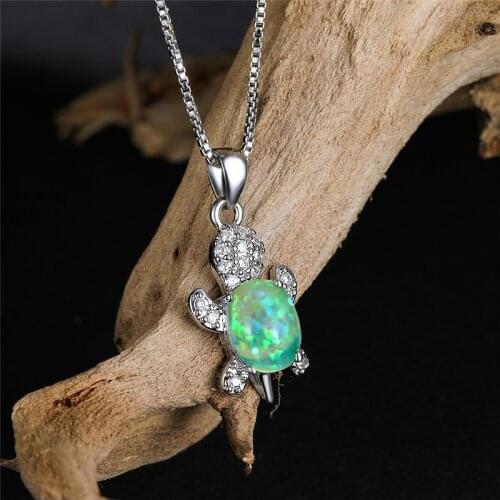 Green Opal Oval Stone Necklace Female Cute Turtle Pendant Necklaces For Women Wedding Jewelry Trendy Silver Color Chain Necklace