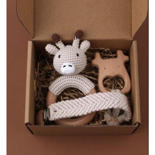 1Set Crochet Bunny Baby Teether Rattle Safe Beech Wooden Teether Ring Pacifier Clip Chain Set Newborn Mobile Gym Educational Toy