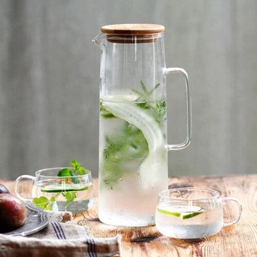 Nordic Transparent Kettle Glass Water Bottle Heat Resistant Bamboo Lid Drink Bottle Kitchen Juice Drinkware Home Decor