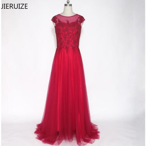 JIERUIZE Burgundy Lace Appliques Pearls Evening Dresses Long Cap Sleeves Formal Dresses Mother of the Bride Dresses Plus Size