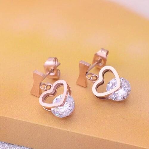 YUNRUO New Arrival Fashion Elegant Crystal Bowknot Heart Earring Titanium Steel Jewelry Rose Gold Color Woman Gift Free Shipping