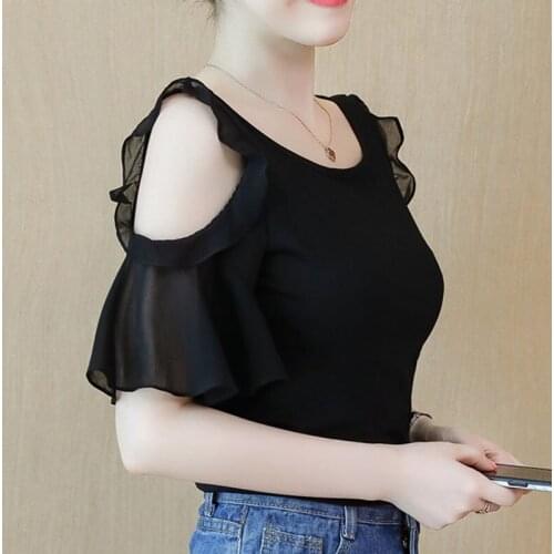 Korean fashion clothing 2020 short sleeve tops Spliced Solid Chiffon Butterfly Sleeve ladies tops for women shirts blusas 0538