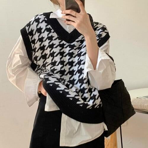 Houndstooth Vest Womens Knitted Vest 2020 New Autumn Loose Korean Outdoor Sweater Waistcoat