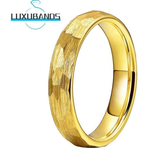 4MM Wemens Gold Tungsten Wedding Rings Multifaced Hammered Engagement Bands Brushed Finished Comfort Fit