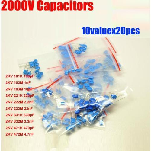 10valuesX20pcs=200pcs 2KV High Voltage Ceramic Capacitor 2000V Assortment Kit 100PF ~ 4.7NF