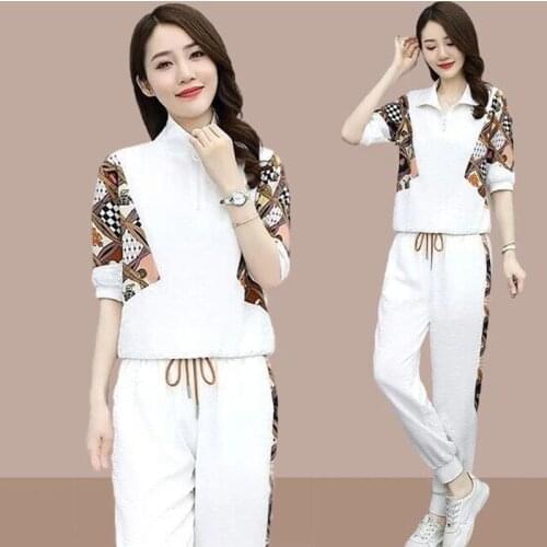 2021 Casual Sports 2 Pcs/Set Women Summer Fashion Short Sleeve Tops + Ankle-Length Pants Two Piece Set Casual Womens Suits