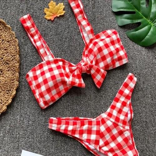 2021 Sexy Female High Waist Striped Plaid Bow Split Bikini Swimsuit Thong Brazilian Bikini Set swimsuits two piece swimwear