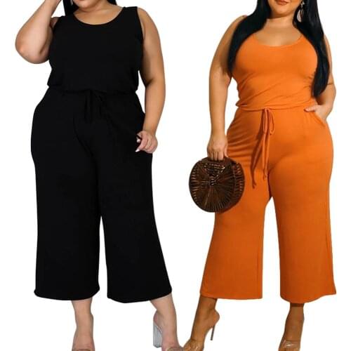 4XL Plus Size One Piece Womens Clothing Sexy Sleeveless Personalized Pockets Fashion Straps Pure Color Casual Loose Jumpsuit